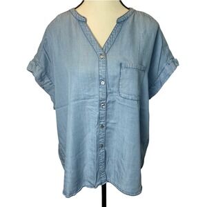 Hester & Orchard Chambray Button Down Top Women L Tencel Short Sleeve Coastal